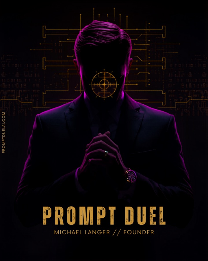 Prompt Duel poster: a hooded figure facing a glowing AI opponent